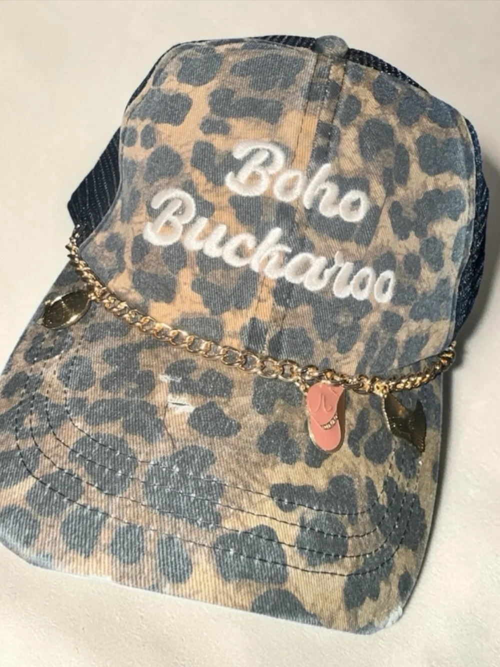 Boho Buckaroo Leopard Chain Cap w Gold Chain & Charms